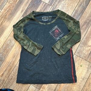 Affliction Black and Green Long Sleeve Tee with Camouflage Sleeves